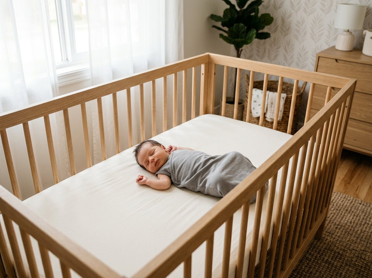 A newborn in a sleep sack sleeping on their back in a bare wooden crib with only a fitted sheet