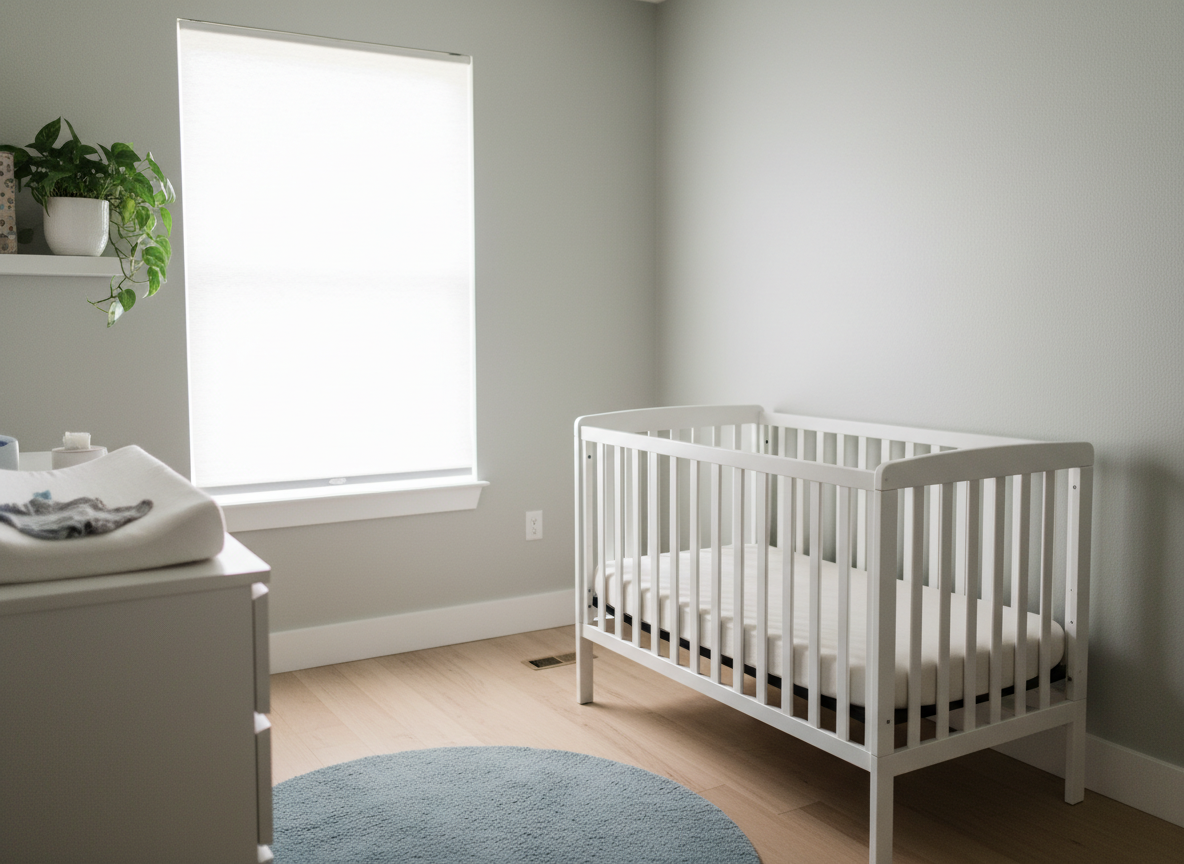 A white crib with a bare mattress along a side wall, set to one side of a window fitted with a cordless shade