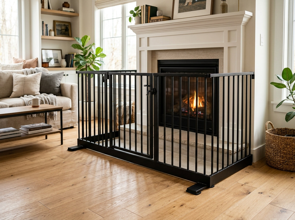 A black multi-panel hearth gate with a latched door encloses the raised hearth of a lit gas fireplace