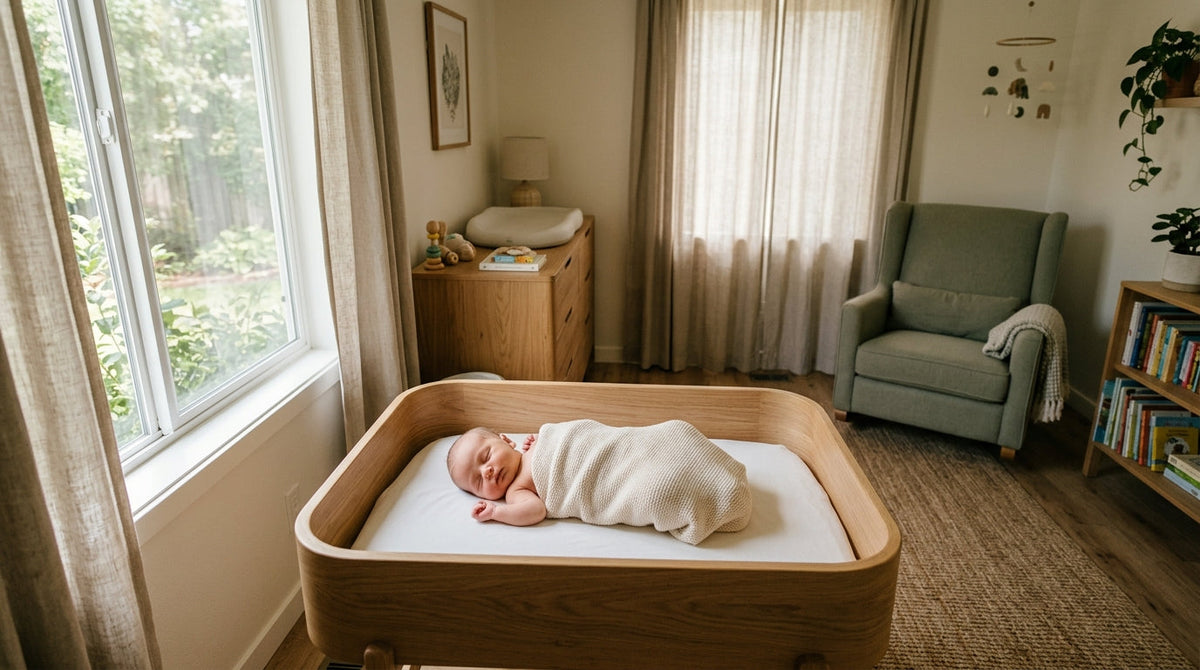 A swaddled newborn sleeping on their back in a bare wooden bassinet with a flat, fitted mattress