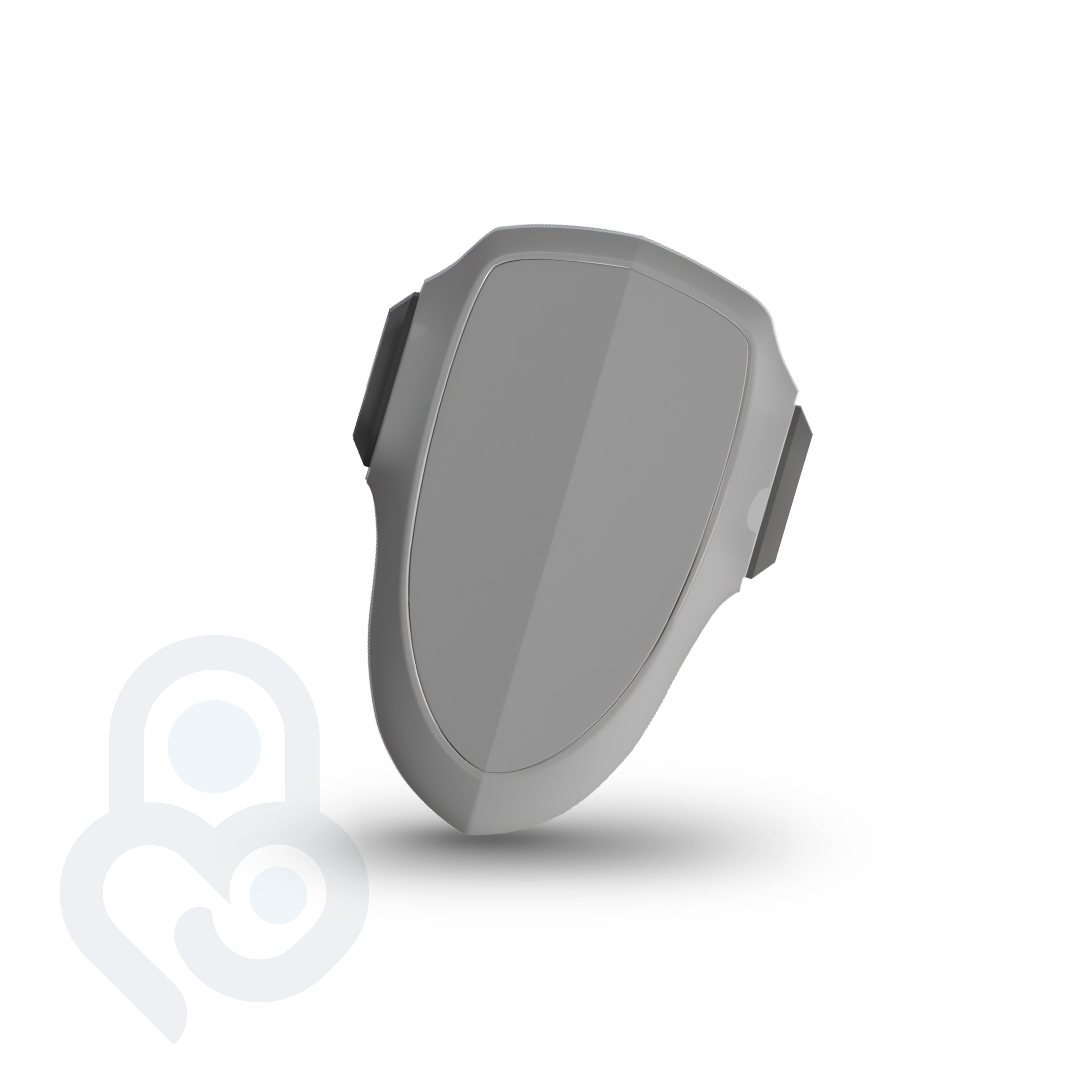 Grey oven and appliance safety lock, shield-shaped body with side-grip tabs and no-drill adhesive mount