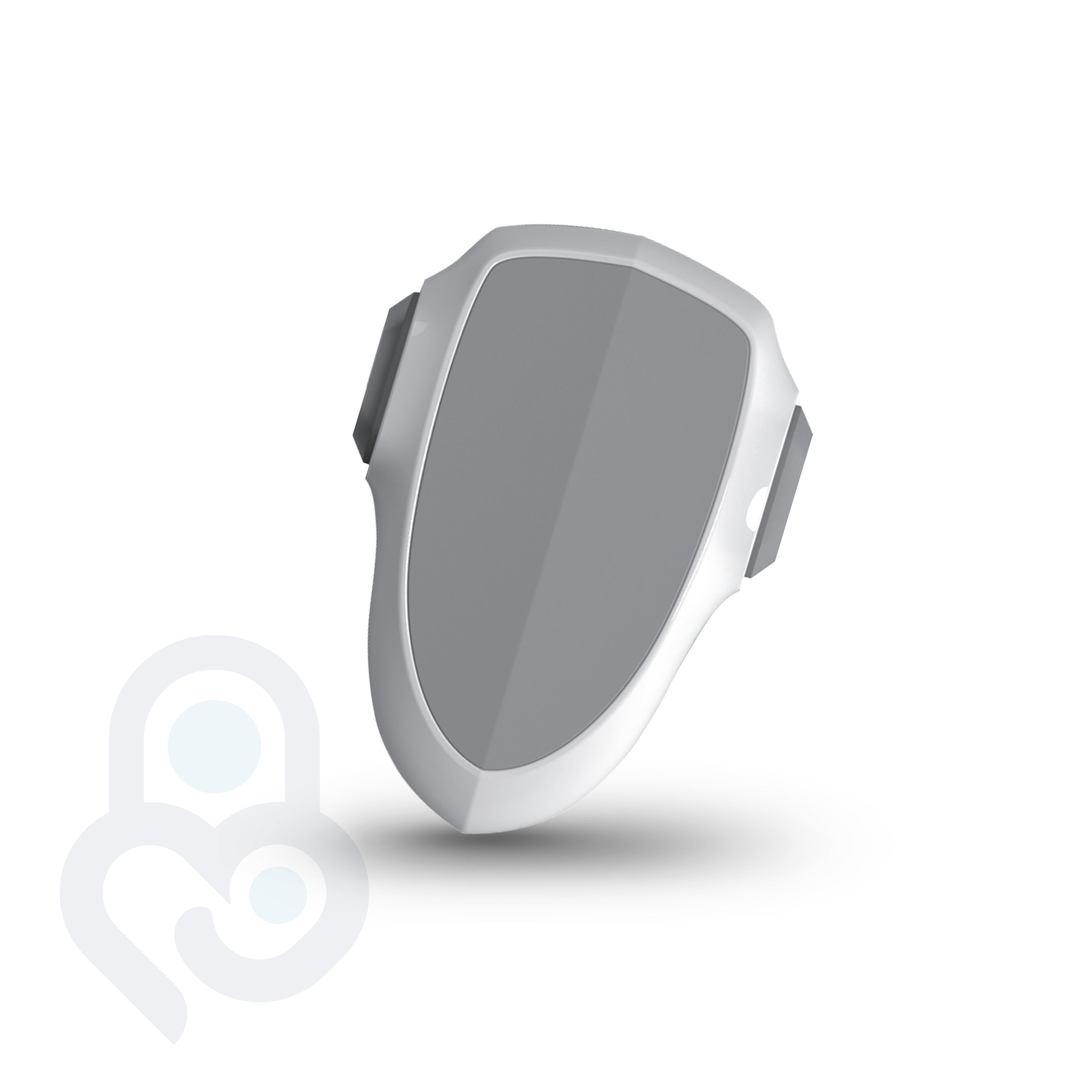 White oven and appliance safety lock, shield-shaped body with side-grip tabs and no-drill adhesive mount