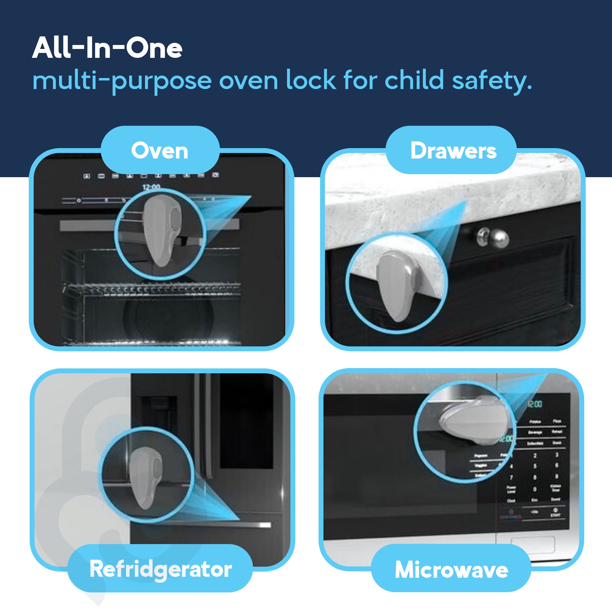 All-in-one oven lock fits oven, drawers, refrigerator, and microwave — 4-panel child safety graphic
