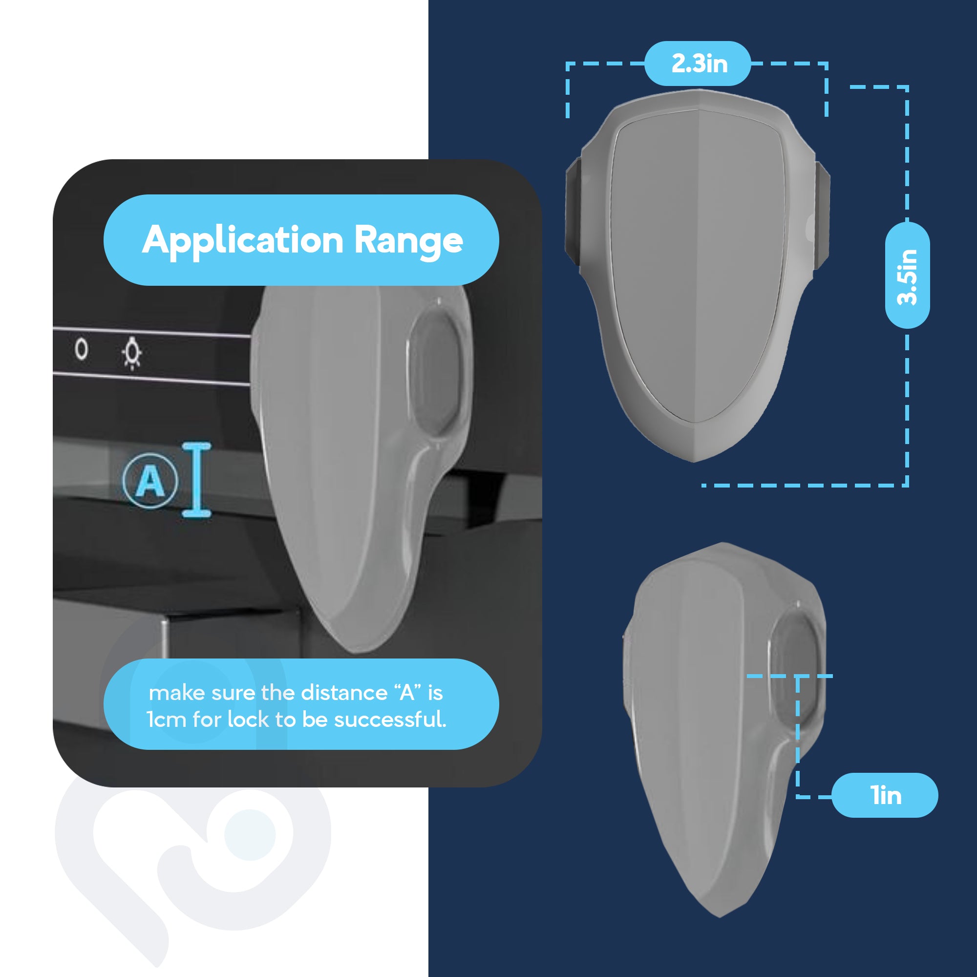Grey oven safety lock application range infographic: 1cm gap rule, 2.3in x 3.5in x 1in dimensions