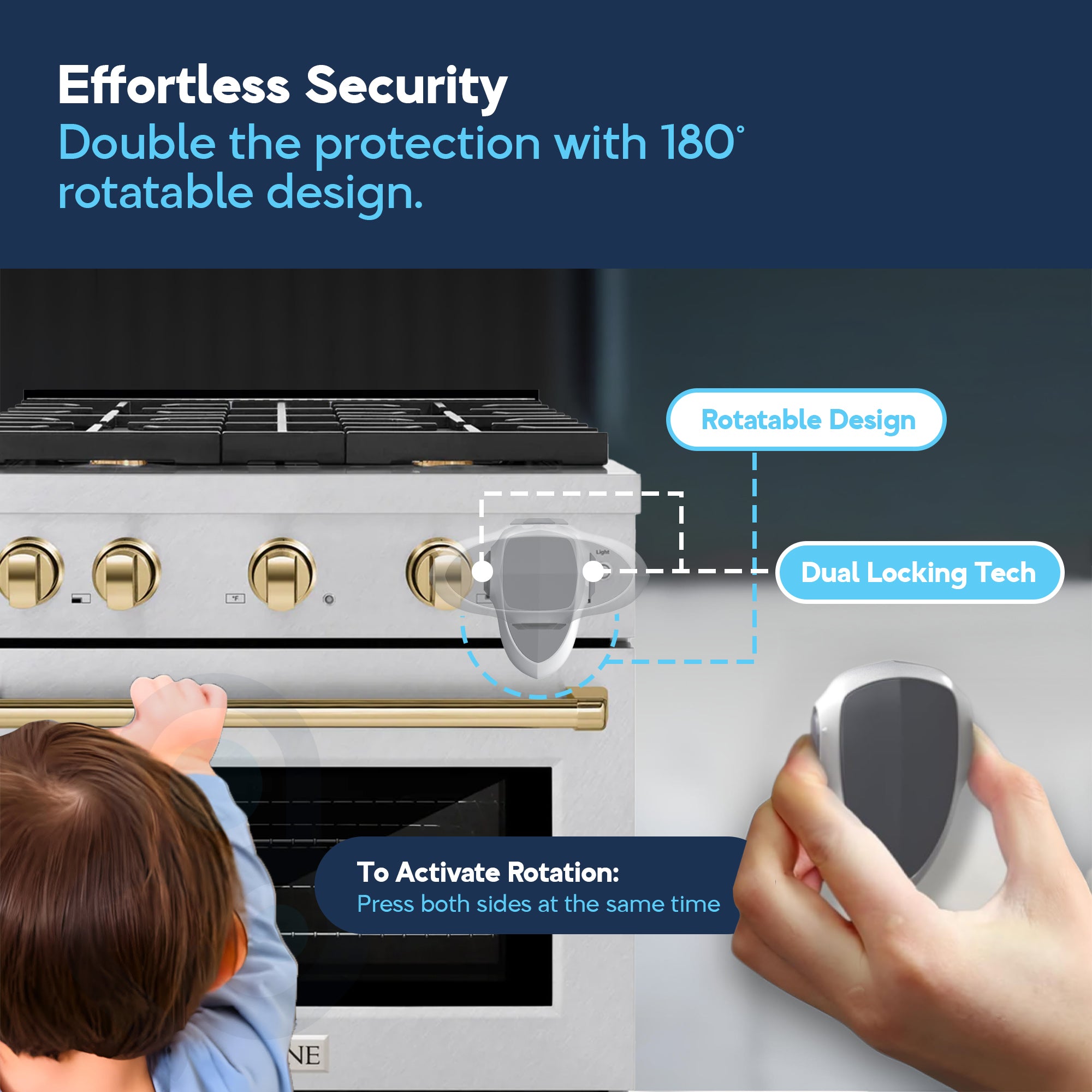 Toddler at stainless steel oven while adult demonstrates 180° rotatable dual-locking knob cover