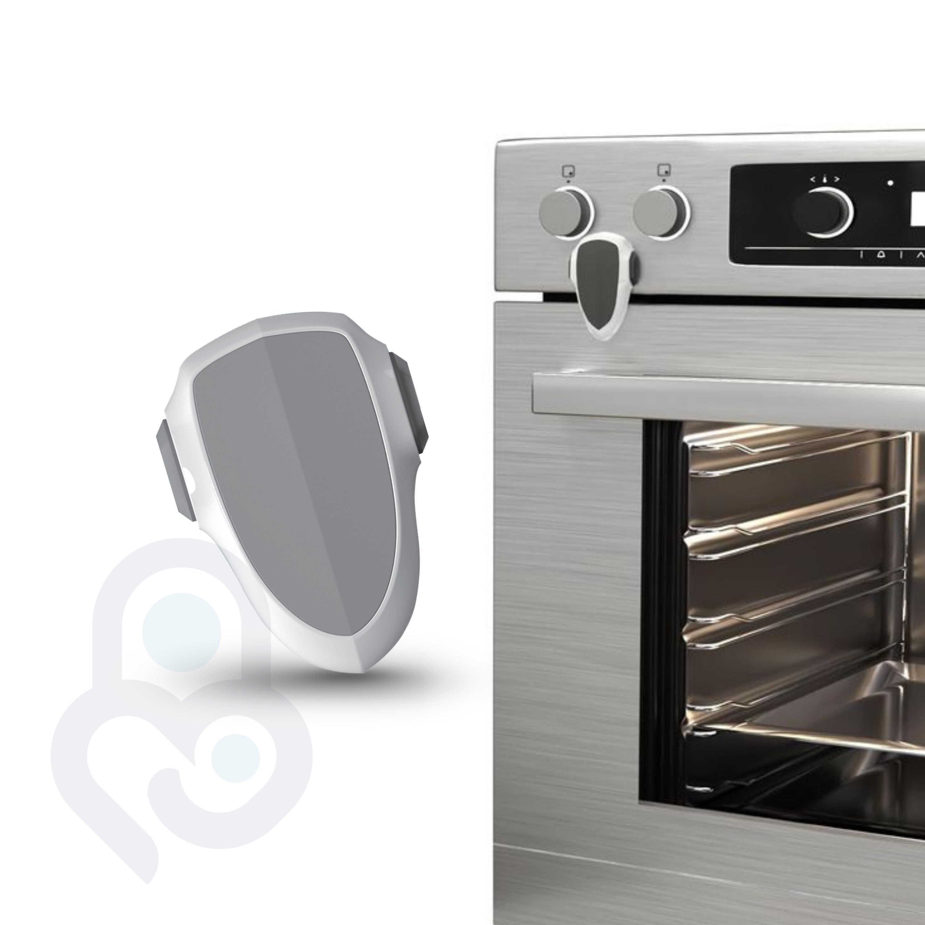 White oven safety lock mounted on stainless steel oven door knob beside product close-up view