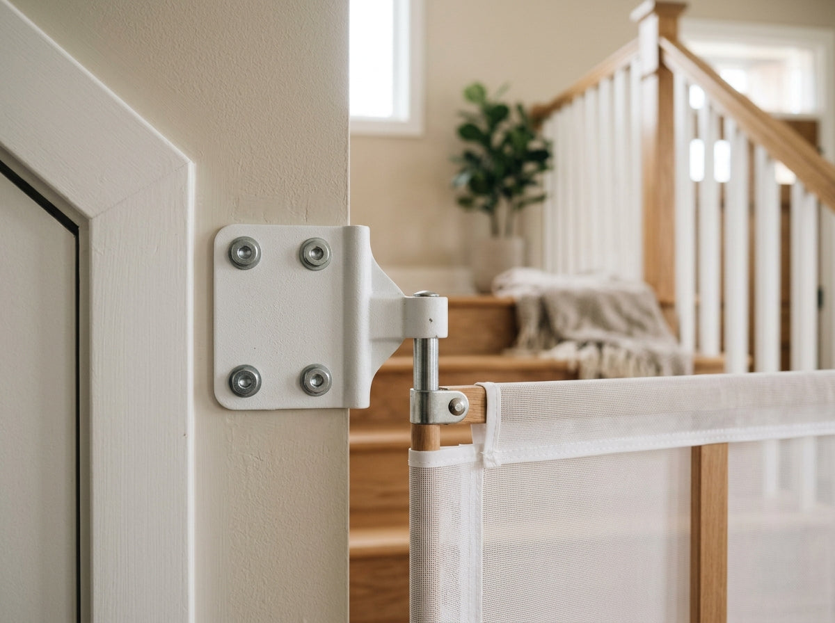 Close-up of a mesh baby gate's hinge pin held in a four-bolt bracket fixed to a wall, with a staircase behind