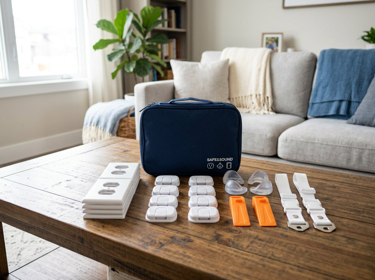 A childproofing kit laid out on a wooden coffee table: outlet covers, cabinet latches, clear corner guards, orange door stops and two adhesive straps beside a navy storage case.