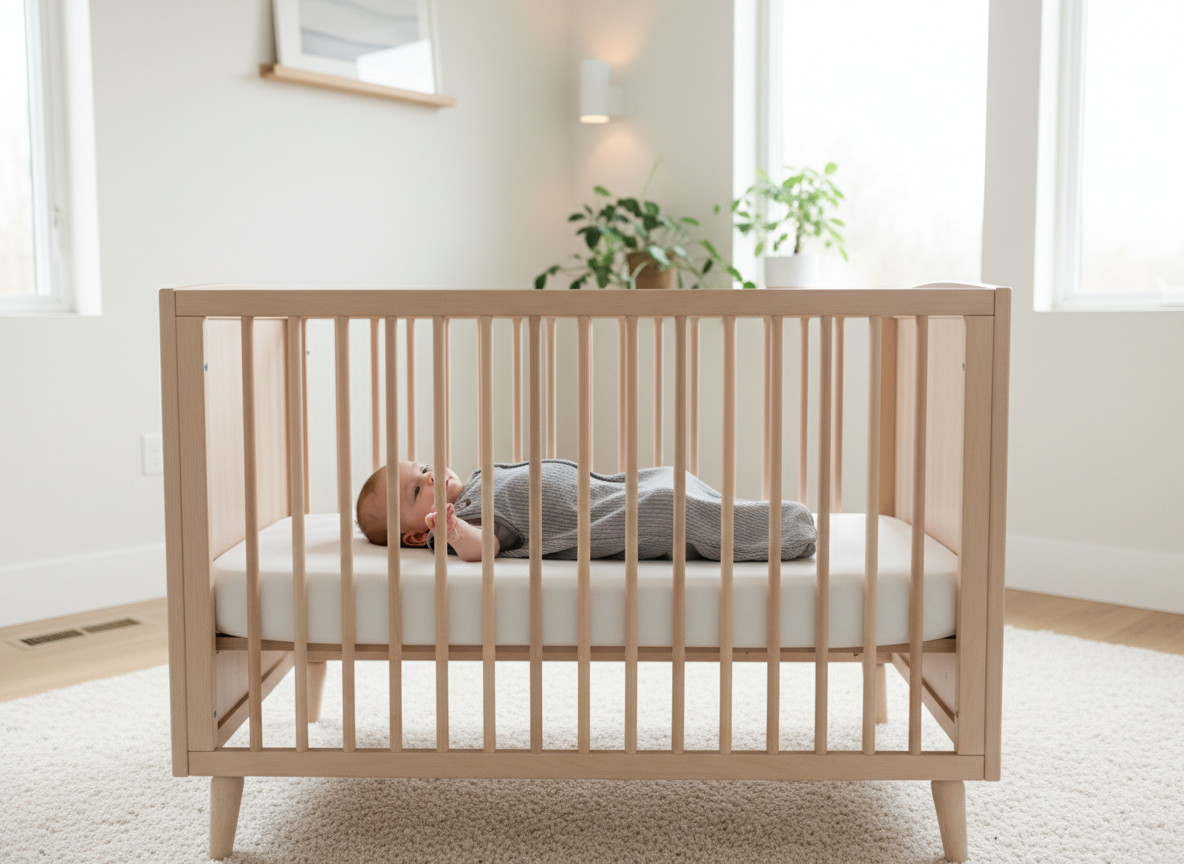 A baby lying on their back in a sleep sack in a bare wooden crib, with no cords anywhere near the crib
