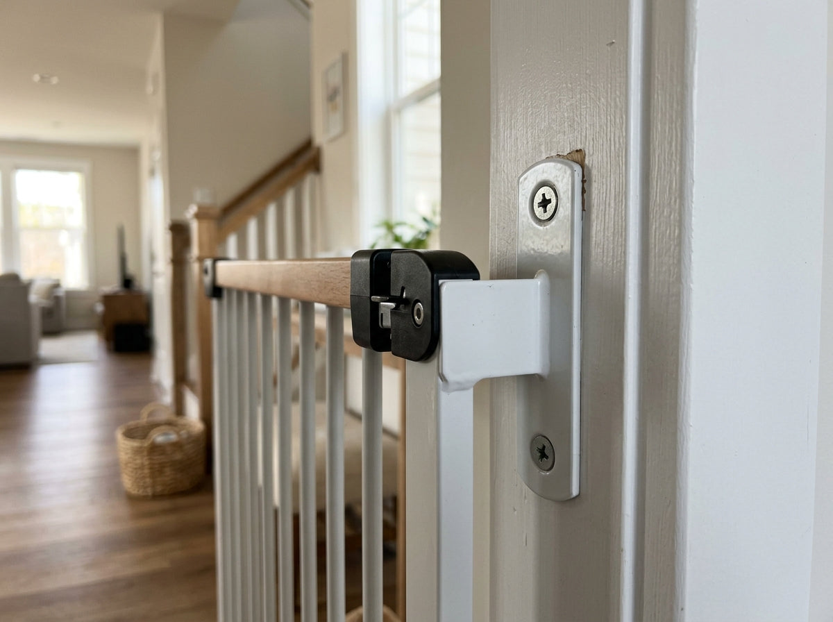 Close-up of a white metal baby gate bracket fixed with two screws into a painted door frame, gate rail latched in it