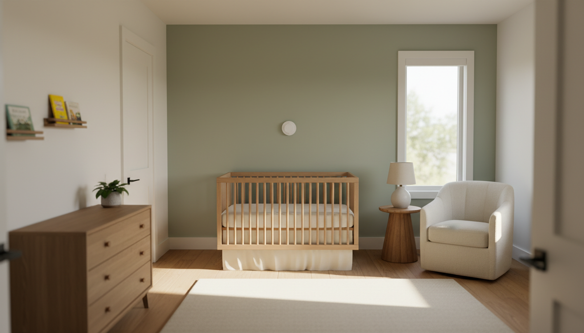 A modern nursery with a bare wooden crib against the wall and a round safety alarm mounted above it