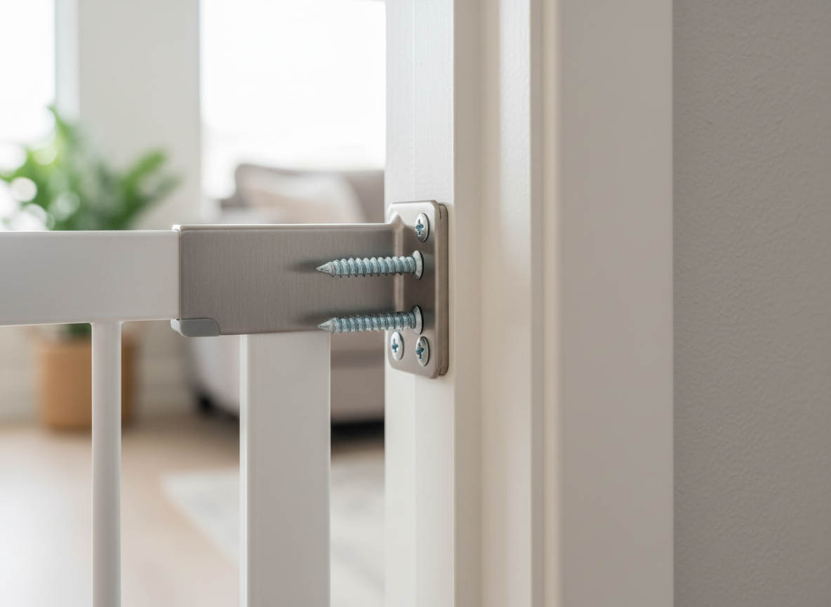 Close-up of a baby gate's steel mounting bracket fastened into a door frame with long wood screws