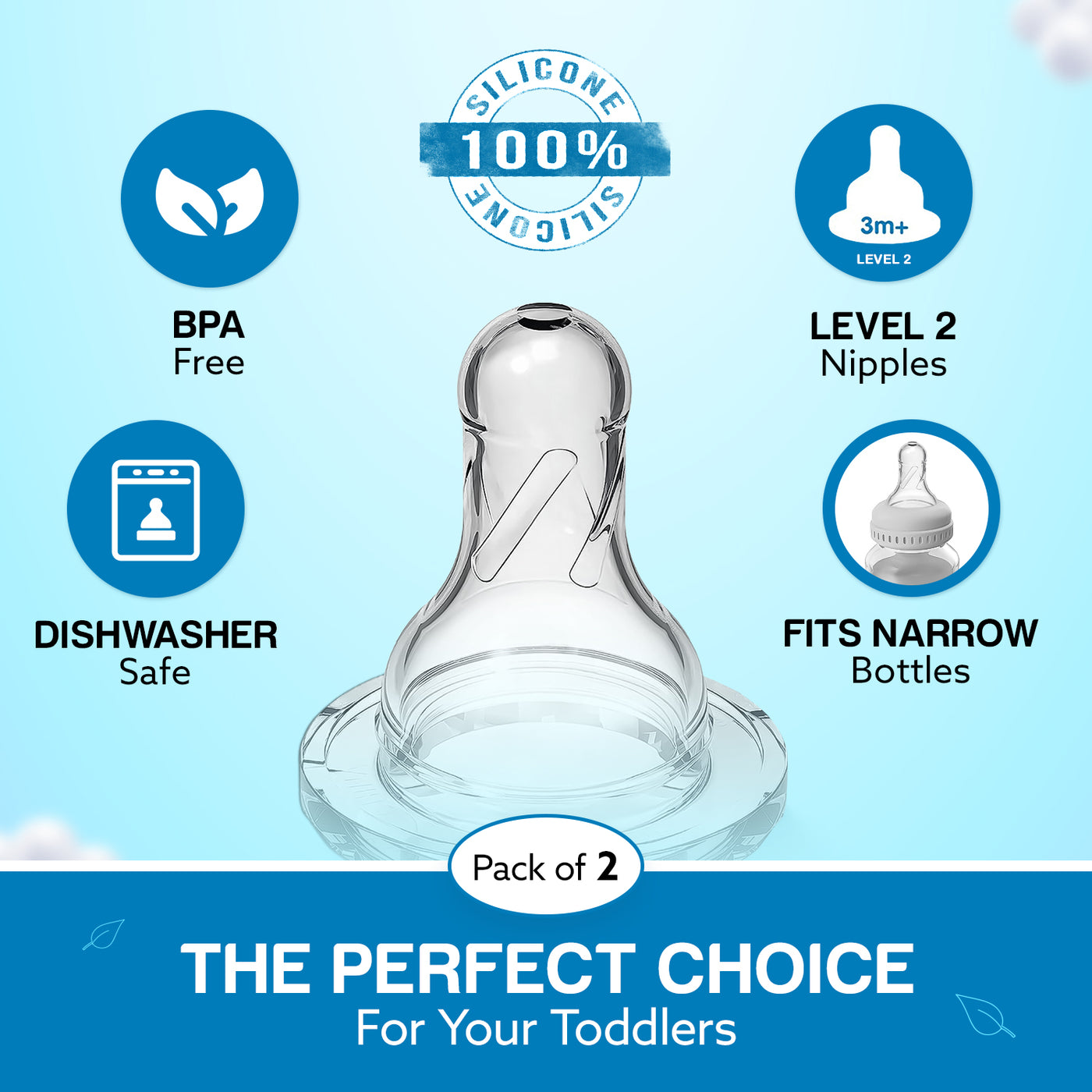 Baby-Proof Essentials 2-Pack Medium Flow Bottle Nipples - Level 2, 3+ Months, SkinSoft Silicone, Universally Fits Your Needs