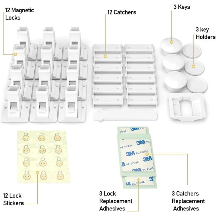Baby Proof Me - Bundle with 12 Corner Protectors, 6 Safety Strap Locks & 12 Magnetic Cabinet Locks