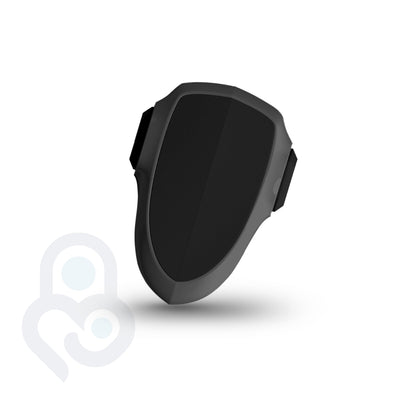 Black oven and appliance safety lock with side-grip tabs, shield-shaped body, adhesive-mount no-drill design