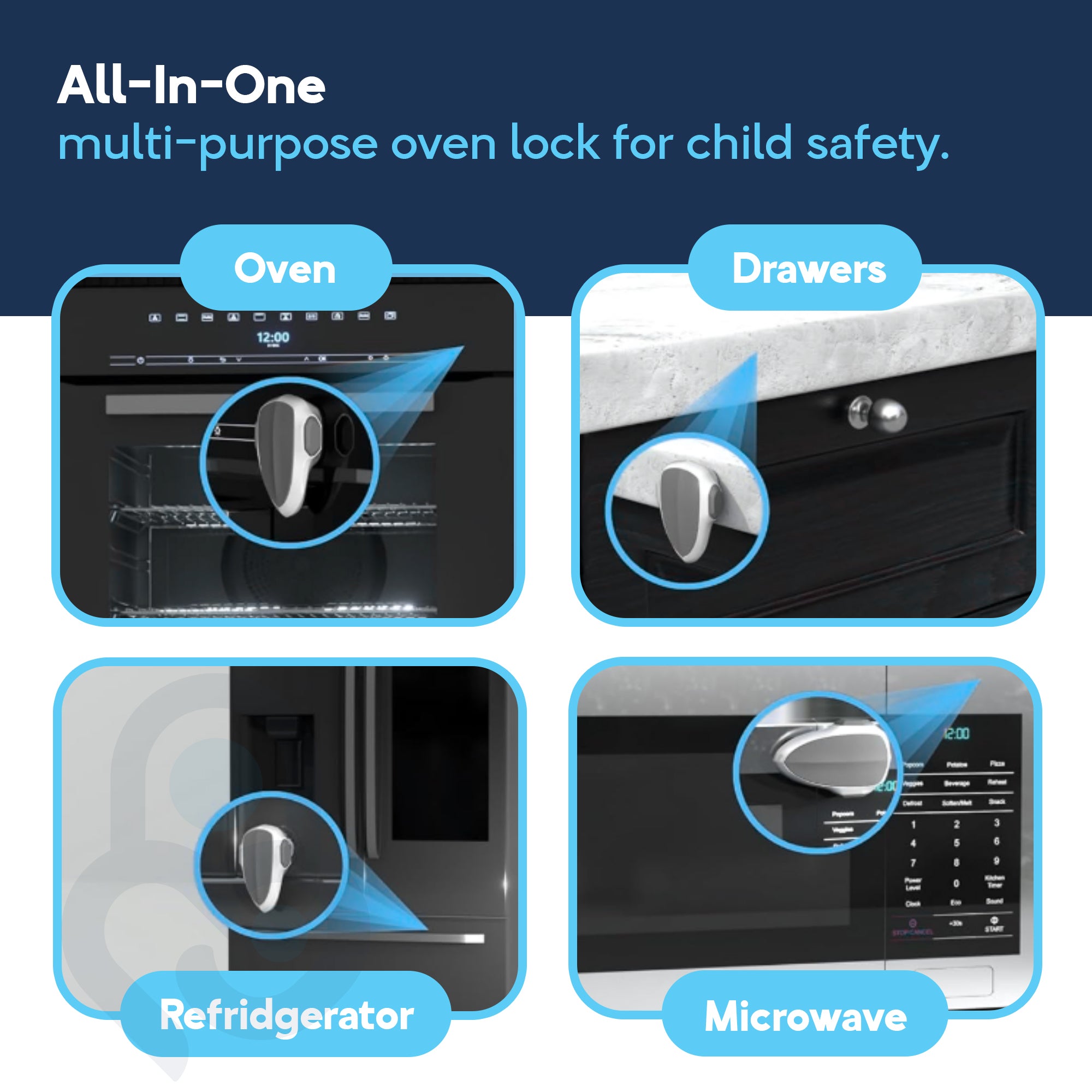Multi-purpose oven lock securing oven door, kitchen drawer, refrigerator, and microwave in 4-panel graphic