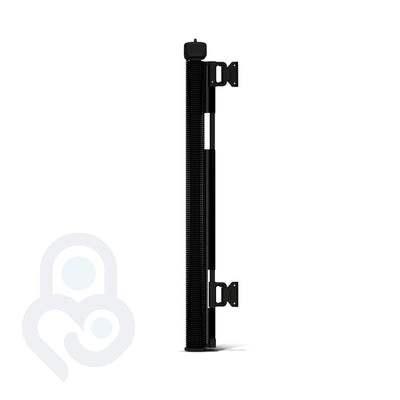 Black retractable mesh baby gate side profile showing dual wall-mount brackets and ribbed mesh roll