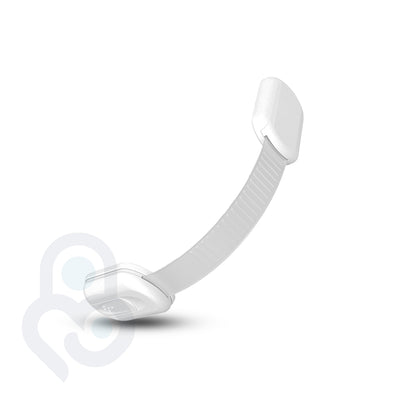 White adjustable safety strap lock with ribbed flexible band and dual adhesive mounts, no-drill design